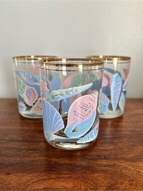VTG Culver Glasses - Pastel Blue Pink Shell Cocktail Tumblers (Set‎ of 3)